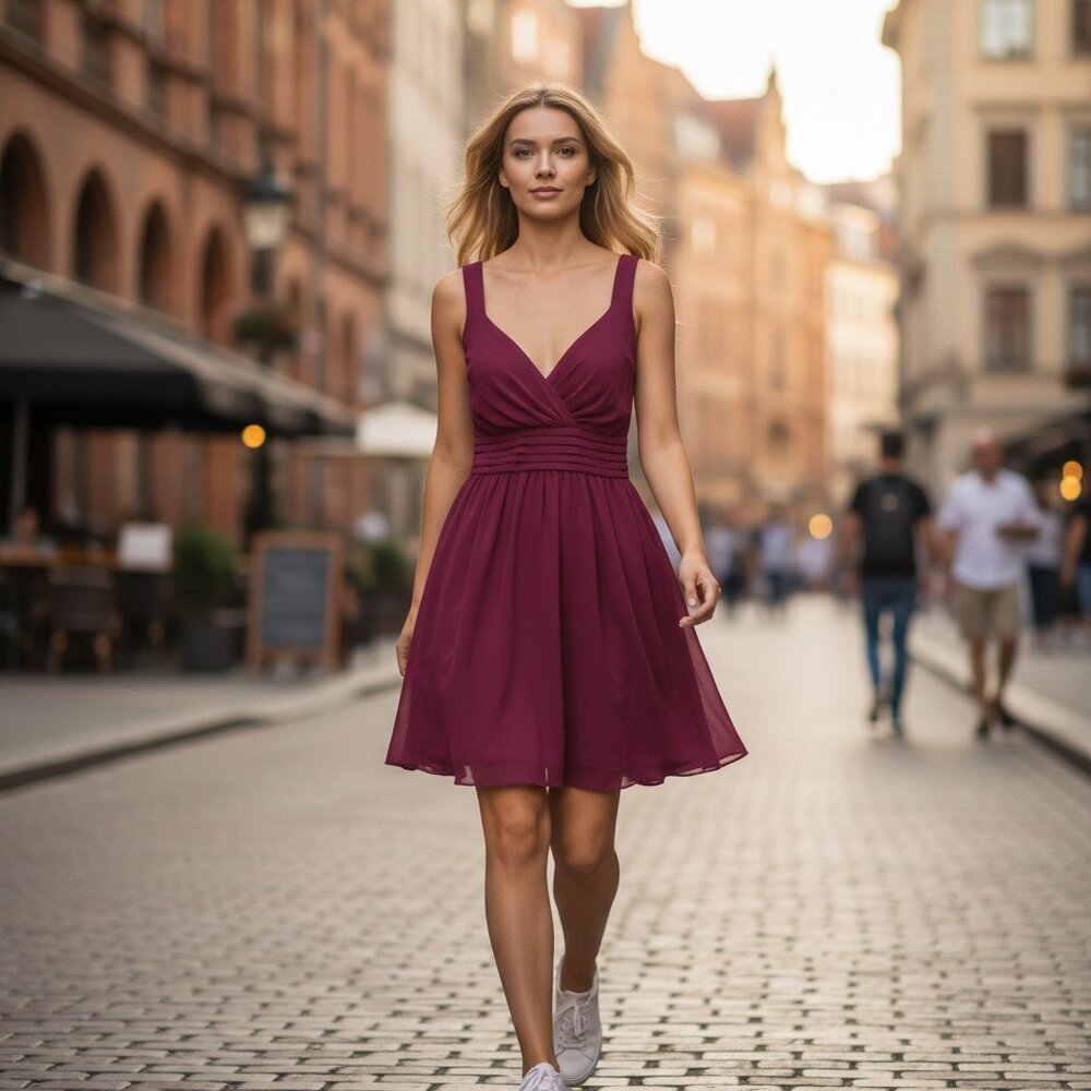 Lavender Brown Burgundy V-Neck Fit & Flare Mini Dress Small NWT‎